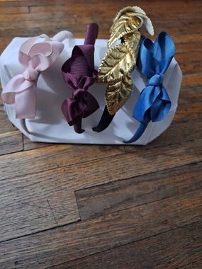 Set of Four Decorative Bow & Leaf Headbands - Pink, Burgundy, Gold, Blue